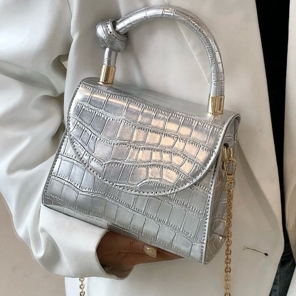 Silver Crocodile-Embossed Mini Handbag with Chain Strap - Picture 6 of 10